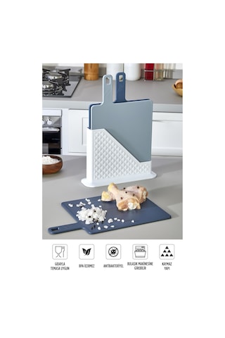 4'lü Tezgah Üstü Standlı Kulplu Kesme Tahtası - Çoklu Doğrama Tahtası Ekmek Sebze Et Kesim Panosu Mavi