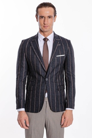 Wessi Çizgili Slim Fit Füme Erkek Ceket Siyah