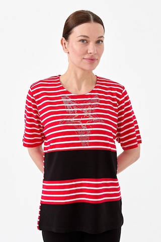 Kadın Sıfır Yaka Çizgi Önü Taşlı Penye T-shirt Kırmızı Kirmizi