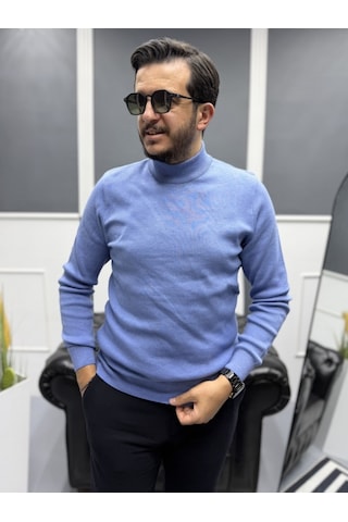 Avni Ceylan Modern Erkek Slim Fit Balıkçı Yaka %100 Pamuk Pike Örgü Triko Kazak M.saks/o.mavi