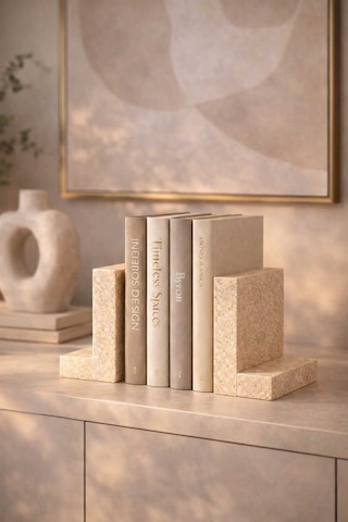 Traverten Mermer Kitap Tutucu 2 Li Set Minimal L Tip Bookend