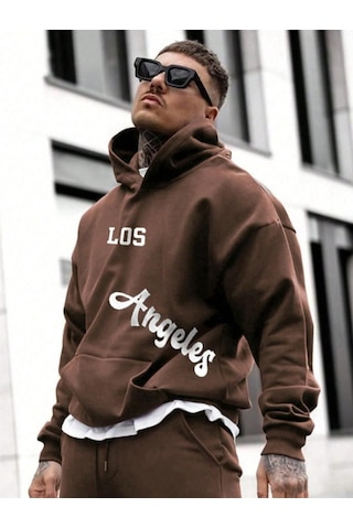 Altamira Erkek Kahverengi Los Angeles Baskılı Oversize Kapşonlu Sweatshirt 001