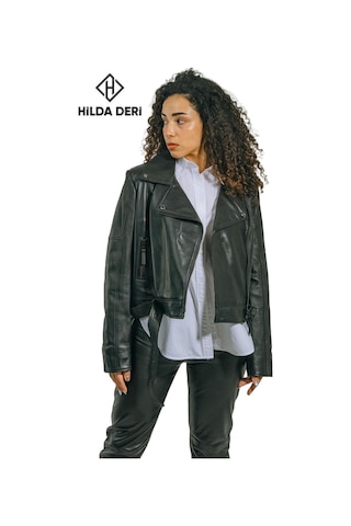 Hilda Deri Emery Biker Tarzı Siyah Oversize Hakiki Kuzu Derisi Kadın Ceket 001