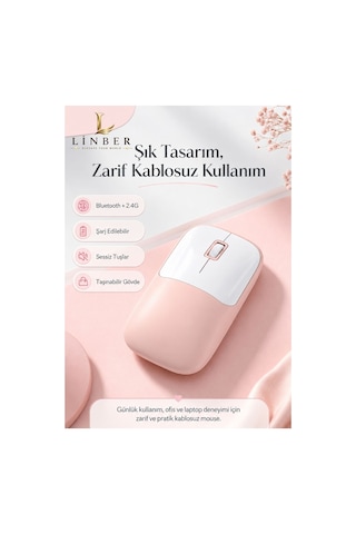 Şarjlı Kablosuz Pembe Mouse Bluetooth + 2.4g Çift Modlu Type-c Şarjlı Sessiz Tuşlu Ergonomik Optik 1200/1600 Dpı Taşınabilir Mouse Çok Renkli Diğer