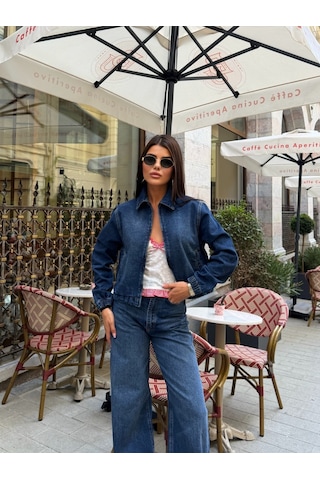 Out Of Standart Kadın Cropped Fermuar Detaylı Denim Ceket Blue