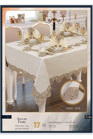 Angles Flora El İşi Yemek Takımı 17 Parça Masa Seti 8 Kişilik Supla Runner Set Krem-gold Çok Renkli