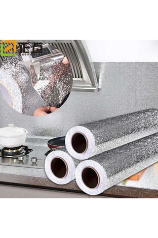 Vkemall Kalın Pvc Mutfak Yağ Önleyici Yapışkanlı Duvar Kağıdı - 40cmx5m Araç Hediyeli Gümüş