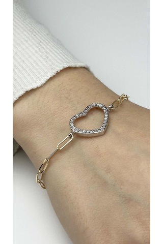 Kalp, Zirkon Taşlı, Pirinç Üzeri Kaplama Bileklik 361 , Zincir Gümüş Renk Altın