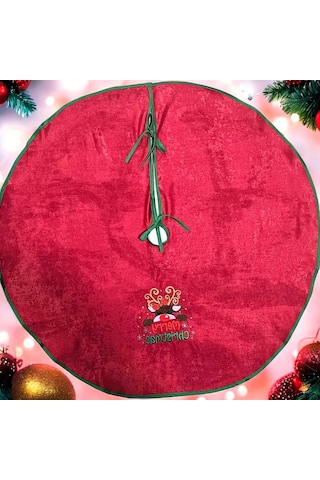 Kırmızı Kadife Kumaş Geyık Nakışlı Çam Ağacı Örtüsü 95 Cm