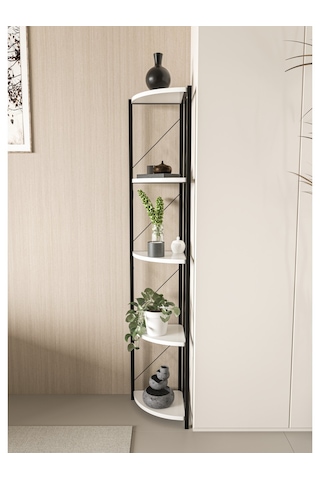 Alpa Ev Mobilya Üçgen Köşe Raf, 5 Raflı Metal Gövdeli Dekoratif Kitaplık, Çok Amaçlı Ünitesi Beyaz