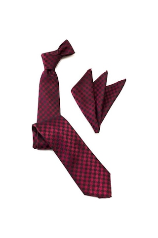 Venchy Bordo Siyah Kazayağı Desen Mendilli Kravat 4240 - 5Mk Bordo