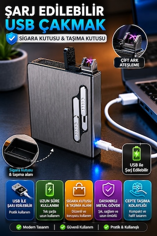 2 Li Set Akıllı Filtreli Küllük & Usb Çakmaklı Sigara Tabakası Şarjlı Metal Tasarım Siyah