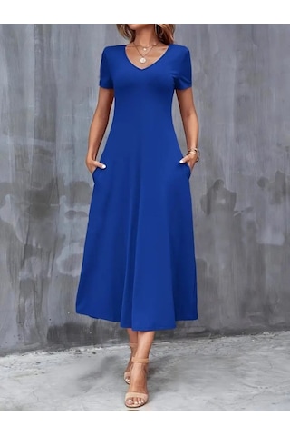 Kadın Kısa Kollu V Yakalı Cepli Viskon Elbise Saks Mavi