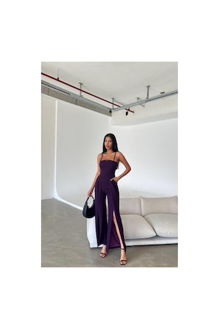 DefyModa Kadın Krep Kumaş Yırtmaçlı Askılı Tulum Mor