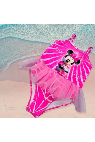Lolliboomkids Kız Çocuk Balerin Mickey Kalp Kolye Baskılı Mayo Uçuk Pembe Renk Tül Tütü Detaylı Son Sezon Pembe