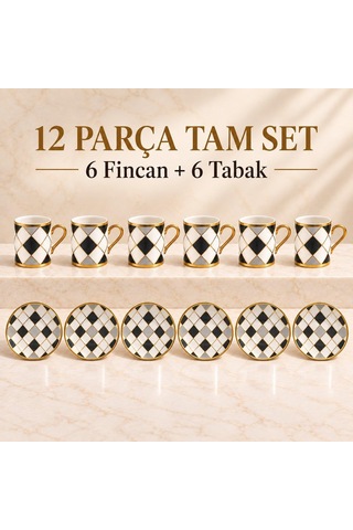 Valkyrie 6 Kişilik 12 Parça Türk Kahvesi Fincan Seti Gold Kulplu Siyah Beyaz Baklava Desen K654-c