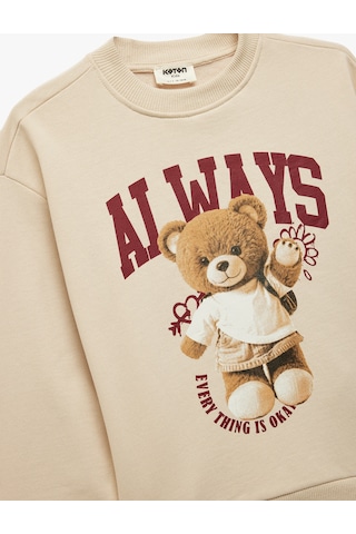 Koton Ayıcık Baskılı Pamuklu Uzun Kollu Bisiklet Yaka Sweatshirt Bej 7wkg10036ak Ekru