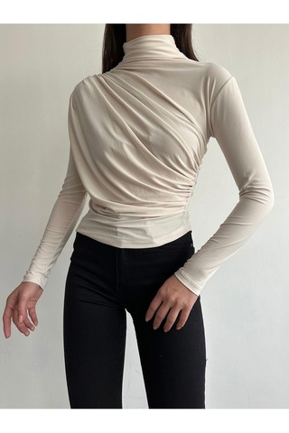Kadın Büzgü Detaylı Dik Yaka Sandy Bluz Bej
