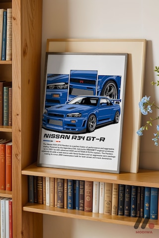 Nissan Skyline R34 Gt-r Mavi Jdm Poster, Siyah Çerçeveli Duvar Tablosu - Oto Severlere Özel Hediye