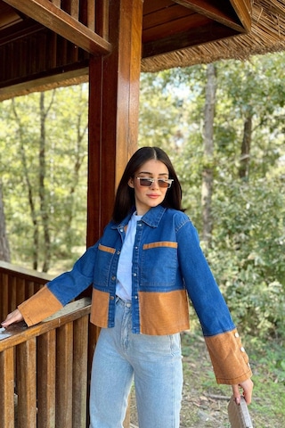 Kadın Mavi & Turuncu Denim Kontrast Çift Renk Detay, Ön Düğmeli Manşetli, Kot Ceket Turuncu