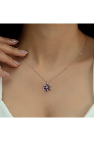 Pırlanta Modeli Mor Taş Lotus Kolye 925 Ayar Gümüş