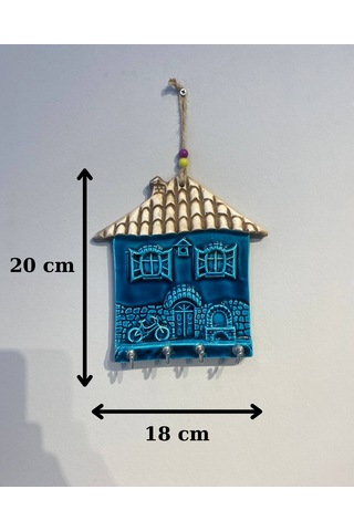 El Yapımı Nazar Boncuğu, Duvar Dekorasyon Ürünü, Seramik, El İşçiliği, Turkuaz Renkte Ev Desenli Anahtarlık -