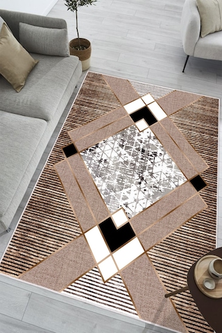 Geometrik Desenli Makinede Yıkanabilir Kaymaz Taban Oturma Odası Salon Halı Koridor Halı Bej