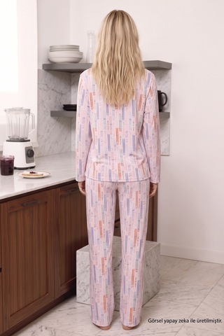 Siyah İnci Pembe Desenli Termal Kumaşlı Ultra Soft Yumuşak Düğmeli Örme Pijama Takımı 26226127