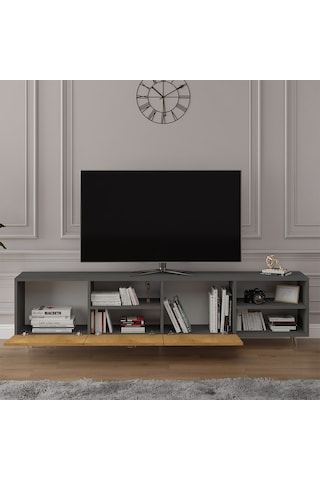 Asra Trend Tv Ünitesi T-22 %100 MDF 200 cm Büyük Boy Tv Sehpası Dolaplı Raflı Petra-Koyu Gri