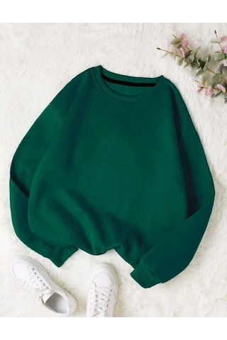 Baskısız Düz Sweatshirt - Nefti Yeşil Kalın Kışlık Şardonlu Uzun Kol Oversize Bisiklet Yaka Nefti Yeşil