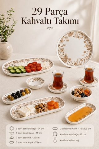 29 Parça Porselen Kahvaltı Takımı - Dijital Desenli Vesta 6 Kişilik Kahvaltı Servis Sunum Seti Çok Renkli