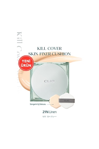 Kalıcı, Mat Cushion Fondöten Clıo Kill Cover Skin Fixer Cushion + Refill 21n Linen Spf50+ Pa+++ 21