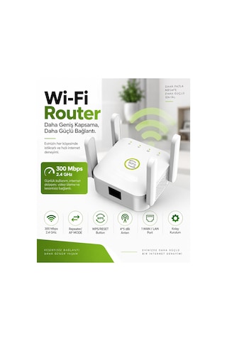 300 Mbps 4 Antenli Wi-fi Sinyal Güçlendirici & Router Beyaz