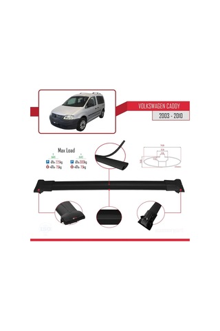 Volkswagen Caddy 2003-2010 Arası İle Uyumlu Fly Model Ara Atkı Tavan Barı Siyah 4 Adet Bar