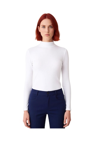 Ersefa Moda Dik Yaka Örme Slim Düz Desen Casual Günlük Regular Uzun Kol Beyaz