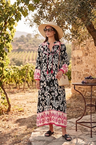 Lela Modest Desenli Regular Fit Bağlamalı V Yaka Maxi Bayan Elbise 611El510 Siyah