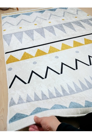 Zig Zag, Makinede Yıkanabilir, İnce, Dokuma Tabanlı, Çocuk Odası Halısı Çok Renkli