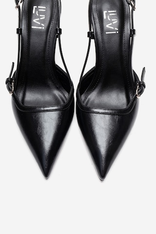 Luvishoes Celıa Siyah Cilt Sivri Burunlu Kadın Dolgu Topuklu Ayakkabı Siyah