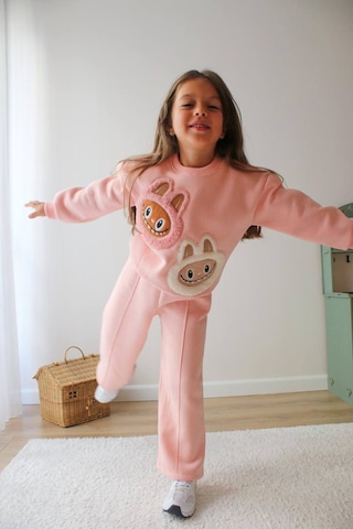 Kız Çocuk 3 İplik Şardonlu Peluş Baskı Detaylı Sweatshirt - Eşofman Alt Üst Takım Pudra Pembe - Gri