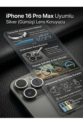 Apple iPhone 16 Pro Max Uyumlu Kamera Koruyucu Lens Silver Gümüş Telefon Kamera Koruyucu Lens