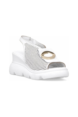 Elit Zeyn 8067 Kadın Hakiki Deri Dolgu Topuk Sandalet Beyaz Beyaz