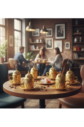 Defne 6 Kişilik 24 Parça Metal Porselenli Altın Renk Kahve Fincan Seti Altın