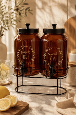 2'li Amber Cam İçecek Sebili Musluklu Standlı Limonata Dispenseri Sunumluk Set 4 L + 4 L