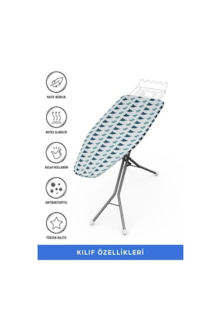 Ütü Masası Kılıfı Örtüsü Bezi, Turkuaz Yapraklı Süngerli Ve Keçeli, Yanmaz, Ayarlanabilir 48x138 Cm