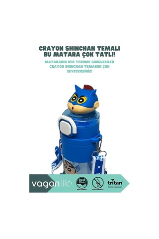 650ml Crayon Shinchan Figürlü Kapak Pipetli/pipetsiz Kullanım El Askılı Tritan Su Matarası Lacivert Çok Renkli