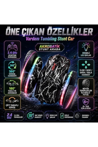 Vardem Uzaktan Kumandalı Renkli Akrobat Araba, Full Fonksiyon 2.4g Çift Yönlü Şarjlı Rc Araç, Işıklı Dönen Tekerlekli Stunt Oyuncak Araba, Çocuklar İçin Kumandalı Akrobatik Araba H01-h02-h03 Siyah Açık Pembe
