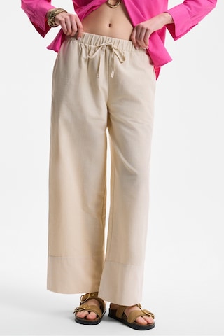 MELANCHOLI Kadın %100 Pamuk Keten Görünümlü Yüksek Bel Lastikli Bel Bej Pantolon
