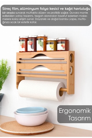 Bambu Streç Film Folyo Kesici - Fonksiyonel 2 Bölme Streç Folyo Kesme Kutusu Ve Kağıt Havlu Askılığı