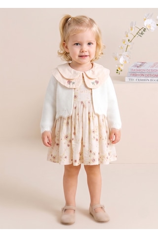 Babymod Bebe Yaka Çiçek Desenli 100% Pamuk Müslin Triko Hırkalı Kız Bebek Elbise Ekru