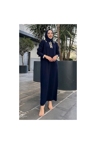 Kurgan Tekstil Kadın Oversize Düğmeli V Yaka Fitilli Triko Tesettür Elbise Günlük Kullanım Kombinlenebilir Lacivert - 711224635 Lacivert